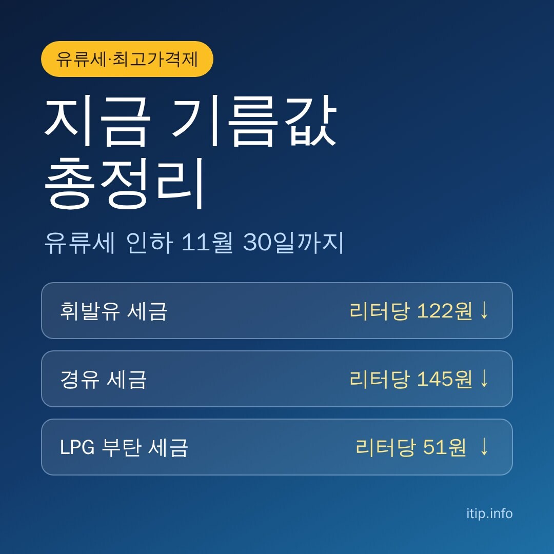 지금 기름값 총정리: 유류세 인하 11월 30일까지, 휘발유 리터당 122원·경유 145원·부탄 51원 인하
