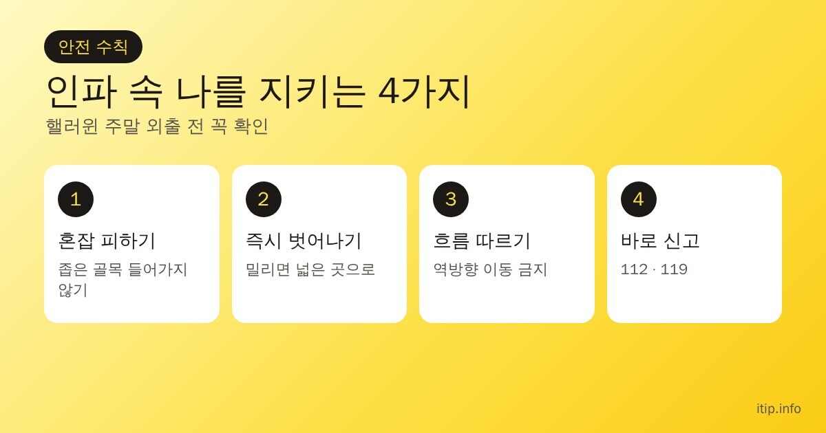 인파 속 안전 수칙 4가지: 혼잡한 골목 피하기, 밀리면 즉시 넓은 곳으로 벗어나기, 역방향 이동하지 않기, 위험하면 112·119 신고