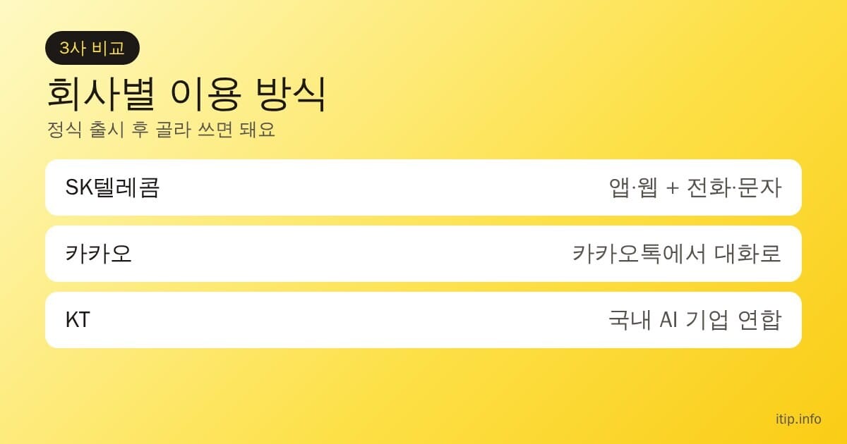 모두의 AI 회사별 이용 방식: SK텔레콤 앱·웹과 전화·문자, 카카오 카카오톡, KT 국내 AI 기업 연합